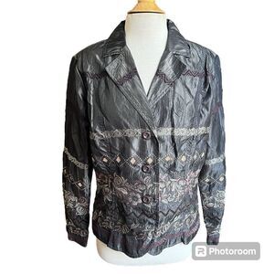 Vintage ELCC Size Large Shiny Gray Embroidered Floral Button Up Blazer Taffeta